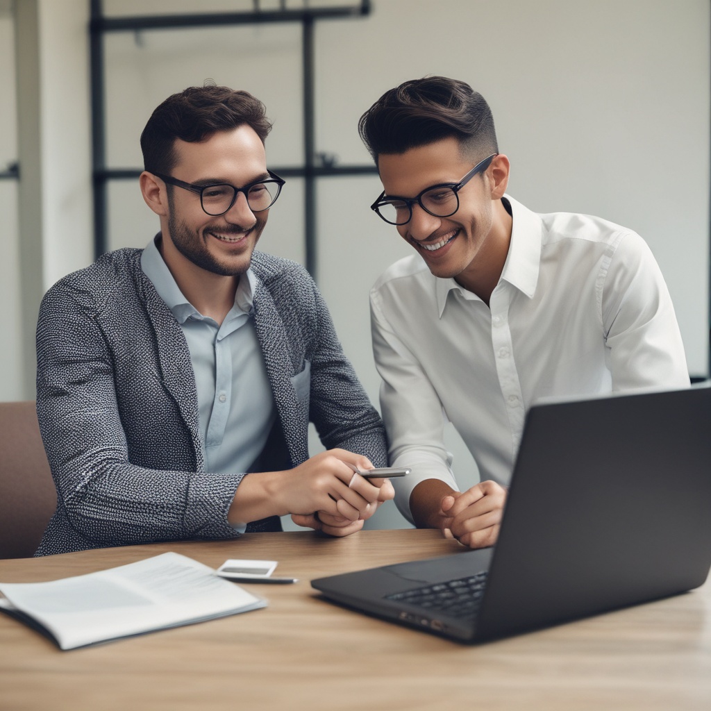 Two individuals discussing strategy over a laptop